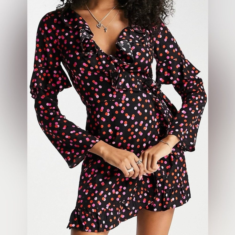 Topshop Polka Dot Long Sleeve Mini Wrap Dress Size 12 NWT